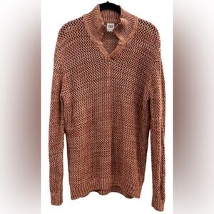 Zara Men's Open-Knit V-Neck Sweater in Rust Brown